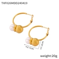 Pendientes de aro dorados con cuenta de metal martillado y perla blanca redonda elegante - Pendientes / Dorado