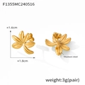 Detailed view of gold-plated flower earrings with dimensions and brushed metal texture - Gold