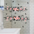 Self-adhesive floral wall stickers with pink roses and butterflies for bathroom mirror - Pink Rose And Black Butterfly Vine Style (CT6079-ZY)