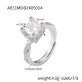 French vintage 18k gold plated titanium steel ring with 0.9cm cubic zirconia inlay - Four-Prong Zirconia Inlaid Style (A831-Steel Color)