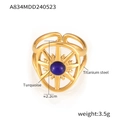 Retro titanium steel open ring with blue turquoise stone and gold starburst design - Gold Color Blue Turquoise (A834)