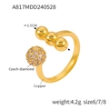 Anillo ajustable de cobre dorado con tres esferas pulidas y una bola de diamantes checos - US 7 / Dorado