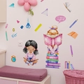 Pegatinas de pared de niña leyendo libros con flores y texto I Love Reading - Estilo de Niña de Dibujos Animados Leyendo (MS7569-NL)