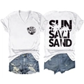Front and back detail of a white V-neck T-shirt with Sun Salt Sand palm tree print - S / White