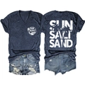 Navy V-neck tee with Sun Salt Sand print and distressed denim shorts with fringe - S / Navy Blue