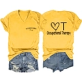 Vista fronte e retro della maglietta in cotone giallo Occupational Therapy con scollo a V - S / Giallo
