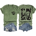 Front and back detail of V-neck army green T-shirt with Sun Salt Sand palm tree print - S / Olive Green