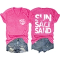 Detail of pink V-neck t-shirt with Sun Salt Sand print and denim shorts set - S / Rose Red