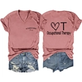 Detail of dusty rose V-neck occupational therapy shirt with back heart graphic print - Rose Gold (Black Font)