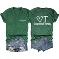 Flat lay of green V-neck Occupational Therapy shirt with distressed denim shorts - Vintage Green