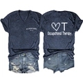 Front and back view of V-neck dark blue Occupational Therapy t-shirt with heart print - Navy Blue