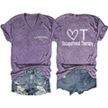 Front and back views of purple V-neck occupational therapy shirt on white background - Purple (Heather)