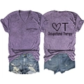 Detailed front and back view of purple Occupational Therapy V-neck tee with denim shorts - Purple (Black Font)