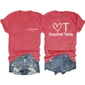 Detailed front and back view of a red V-neck Occupational Therapy shirt with denim shorts - Red