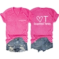Front and back view of pink Occupational Therapy V-neck t-shirt with heart graphics - Rose Red