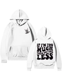 Details vom weißen Kapuzenpullover mit FIND LESS Aufdruck und Slogan auf der Rückseite - S / Weiß