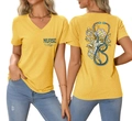 Gedetailleerd voor- en achteraanzicht van geel V-hals T-shirt met bloemen stethoscoop print - S / Geel