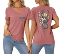 Detail of V-neck nurse life T-shirt in dusty pink with stethoscope floral back print - Rose Gold