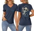 Detail of V-neck nurse life T-shirt with stethoscope floral print on navy fabric - Navy Blue