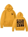 Flat lay view of ginger yellow hoodie with front and back typographic print details - Yellow