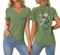 Detail view of V-neck sage green T-shirt with 'NURSE life' print and floral stethoscope - Olive Green