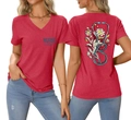 Front and back detail of red V-neck T-shirt with NURSE life print and floral stethoscope - Red