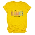 Detail of ginger short-sleeve T-shirt with 'i don't always DANCE yes i do' graphic print - S / Tops / Yellow