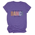 Detail of purple cotton T-shirt featuring colorful DANCE letter print and crew neck design - S / Tops / Purple (Black Text)