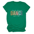 Close-up of emerald green cotton T-shirt featuring vintage multi-colored DANCE slogan print - S / Tops / Ink Green (White Text)