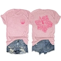 Detail of pink floral t-shirt back print with shell elements and distressed denim shorts - Pink