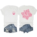 Detail of pink hibiscus and seashell graphic print on white short sleeve T-shirt - White