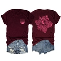 Detail of burgundy T-shirt showing front shell print and back tropical flower design - Burgundy