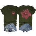 Detail of pink shell and hibiscus print on olive green cotton t-shirt with denim shorts - Army Green
