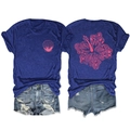 Detail of pink hibiscus flower print with coral and shells on blue cotton t-shirt - Vintage Blue