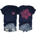Front and back view of navy blue T-shirt with pink hibiscus print and denim shorts - Navy Blue