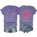 Detail view showing front and back of women's purple t-shirt with pink hibiscus print - Purple