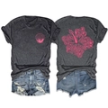 Detailed front and back views of charcoal t-shirt featuring pink shell and hibiscus prints - Black Heather Grey