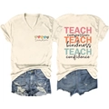 Detailed front and back view of V-neck teacher t-shirt and distressed denim shorts - Sand (Black Graphic Print)
