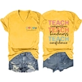 Front and back detail of V-neck teacher t-shirt and distressed denim shorts set - Yellow (Black Graphic Print)
