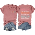 Detailed front and back views of V-neck teacher T-shirt with heart graphic and text - Rose Gold (White Graphic Print)