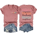 Detailed front and back views of dusty pink V-neck T-shirt with teacher themed slogans - Rose Gold (Black Graphic Print)