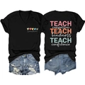 Women's V-neck teacher t-shirt set with TEACH lettering and ripped denim shorts - Black (White Graphic Print)