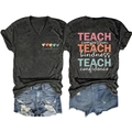 Detailed back view of a grey V-neck teacher T-shirt with colorful teach slogan design - Marl Gray (White Graphic Print)