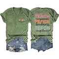 Front and back detail of V-neck teacher T-shirt with heart graphic and teach lettering - Olive Green (Black Graphic Print)