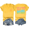 Vue avant et arrière du T-shirt jaune à col en V avec imprimé vintage 'It's a good day' - S / Jaune