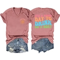 Front and back view of a pink V-neck t-shirt with 'IT'S A GOOD DAY' text and denim shorts - Rose Gold