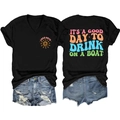 Detail view of V-neck cotton T-shirt featuring It's A Good Day To Drink On A Boat print - Black