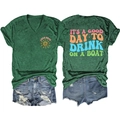 Women's V-neck dark green T-shirt featuring retro Lake Days and boat slogan prints - Vintage Green