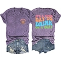 Detail showing the 'It's a good day' back print on a purple V-neck summer t-shirt - Purple