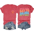 Detail view of red V-neck T-shirt with Lake Days print and distressed denim shorts - Red